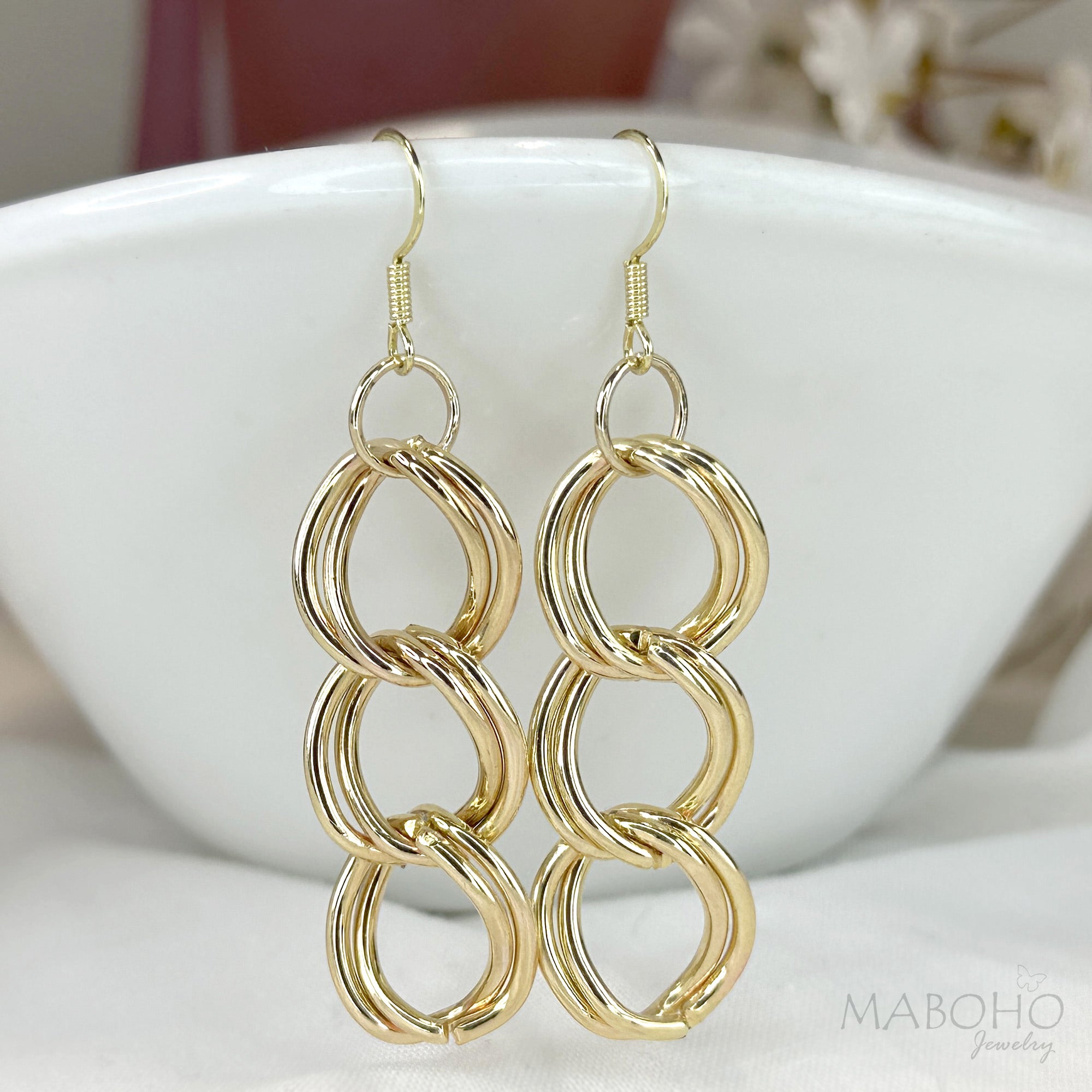 2.5" Long Double Chain Gold Drop Earrings Cocktail Dangle