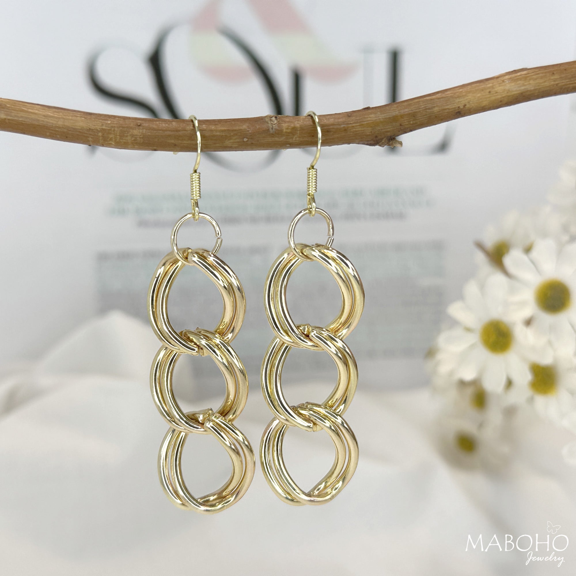 2.5" Long Double Chain Gold Drop Earrings Cocktail Dangle