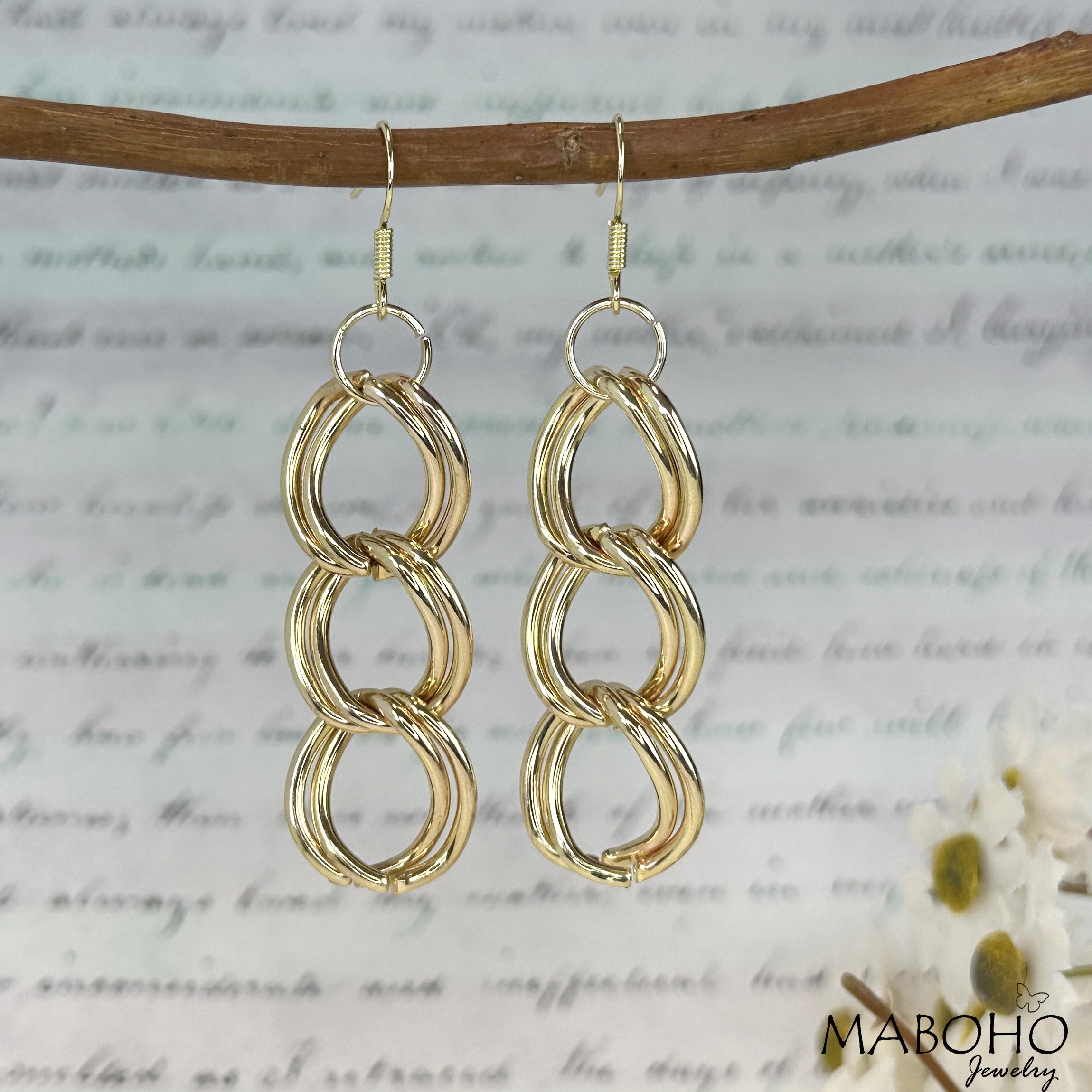 2.5" Long Double Chain Gold Drop Earrings Cocktail Dangle