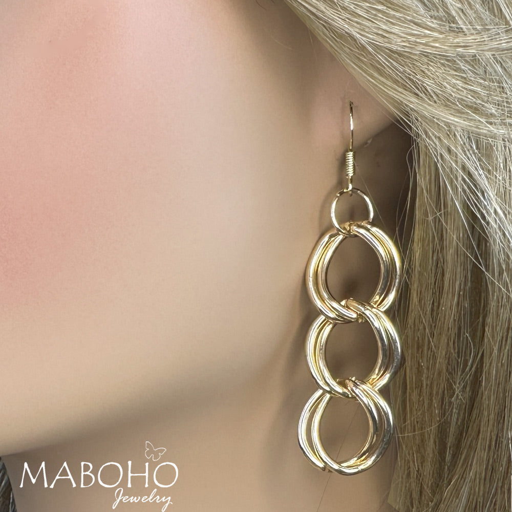 2.5" Long Double Chain Gold Drop Earrings Cocktail Dangle