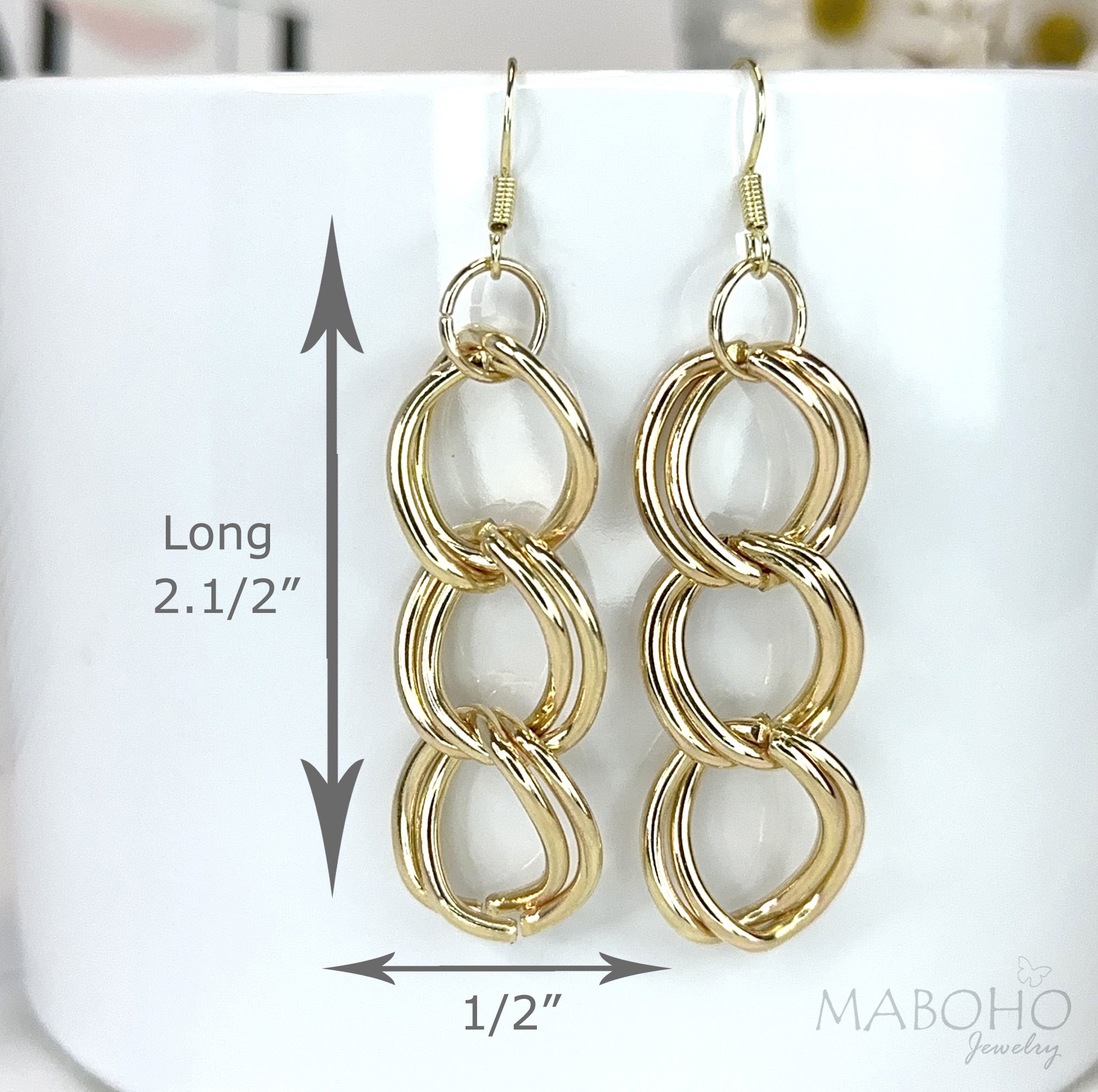 2.5" Long Double Chain Gold Drop Earrings Cocktail Dangle