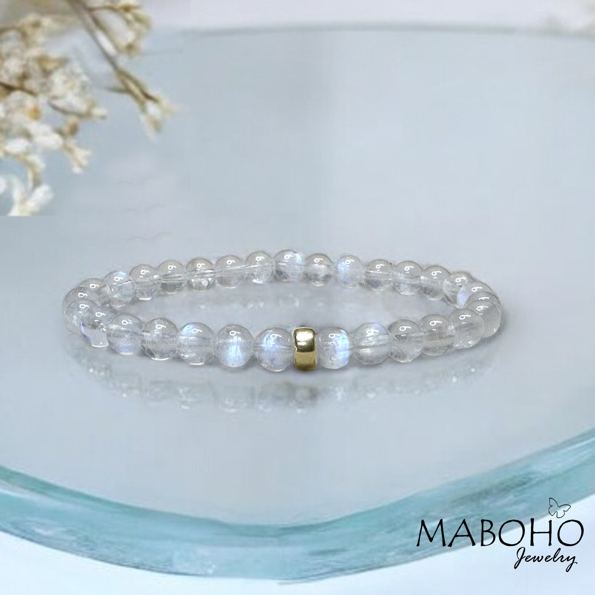 AAAA SUPER Flash Moonstone 14k Gold Filled Stretch Bracelet 6mm June Birthstone