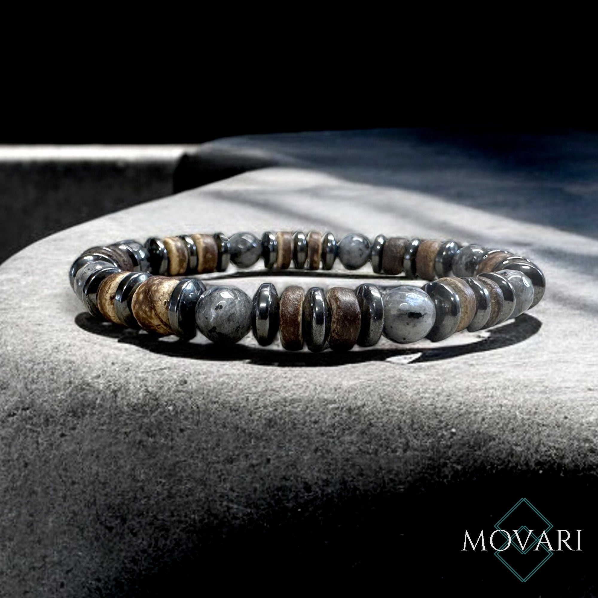 AAA Larvikite, Hematite and Coconut Bracelet