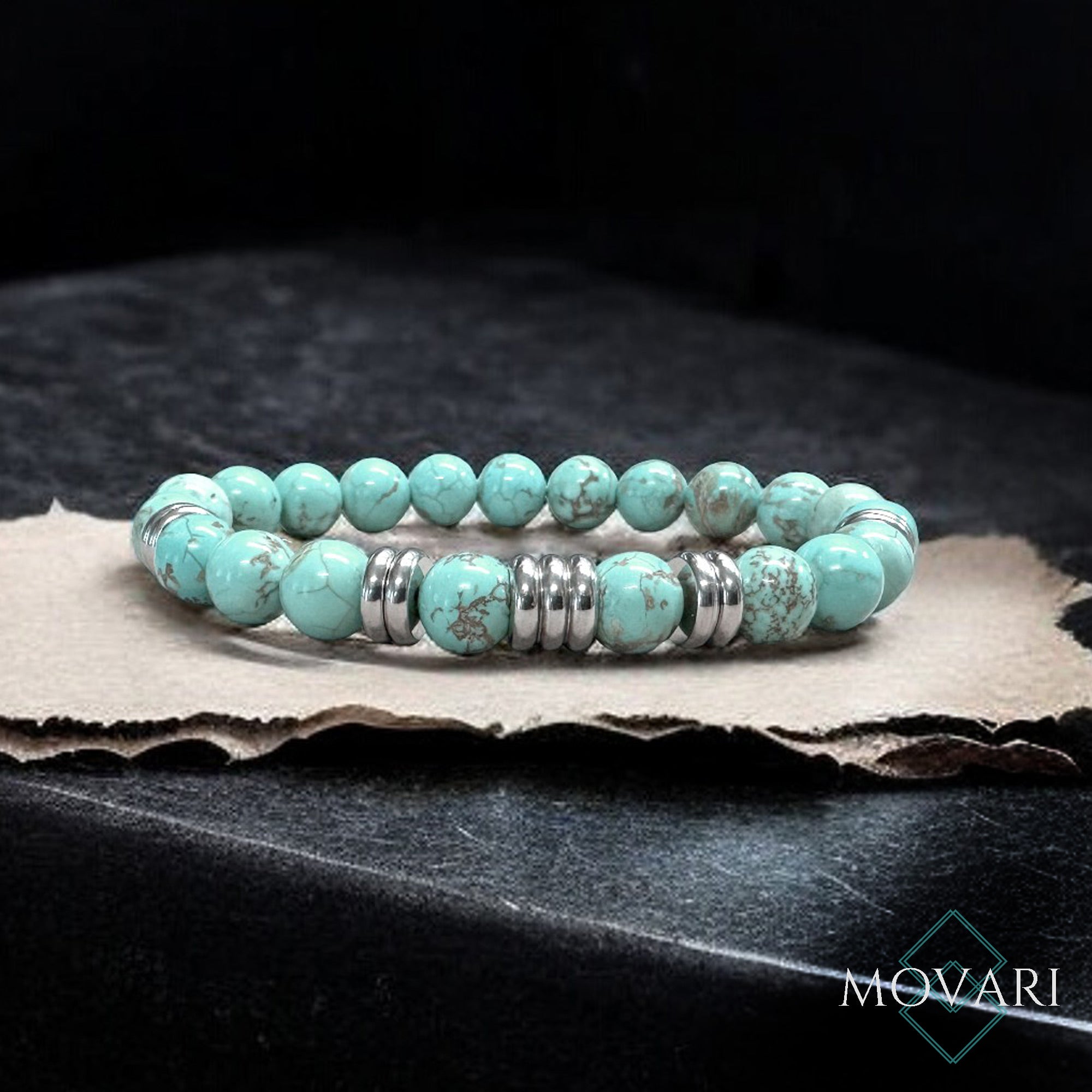 Turquoise Bead Stretch Bracelet on aged paper