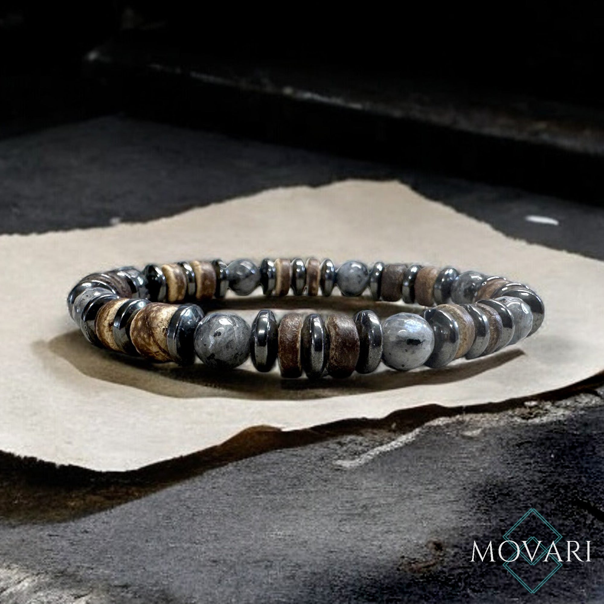 AAA Larvikite, Hematite and Coconut Bracelet