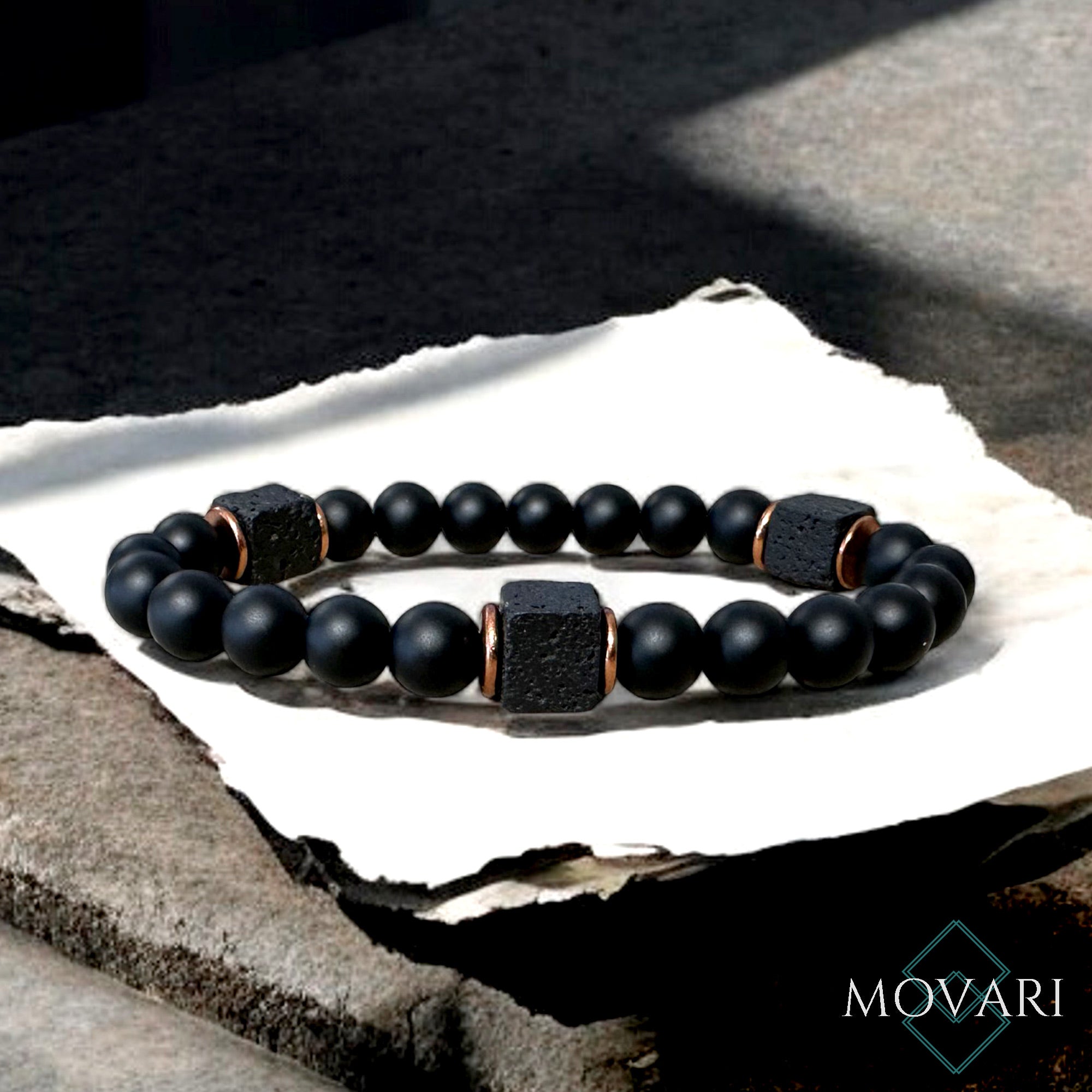 Black Onyx 3 Lava Cubes Bead Stretch Bracelet For Men