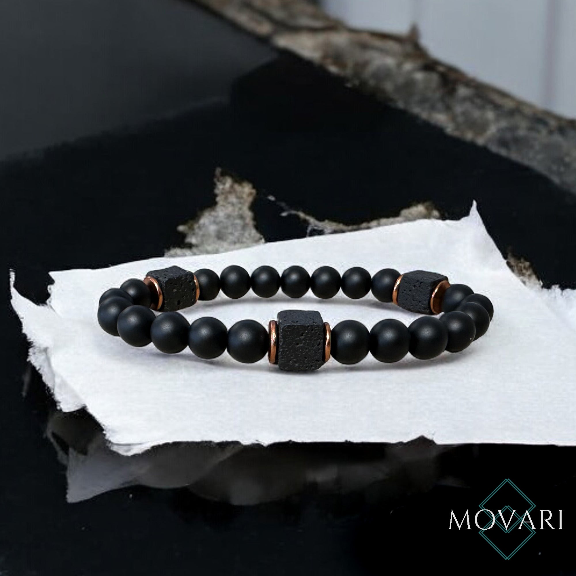 Matte Onyx 3 Lava Cubes Bead Stretch Bracelet For Men