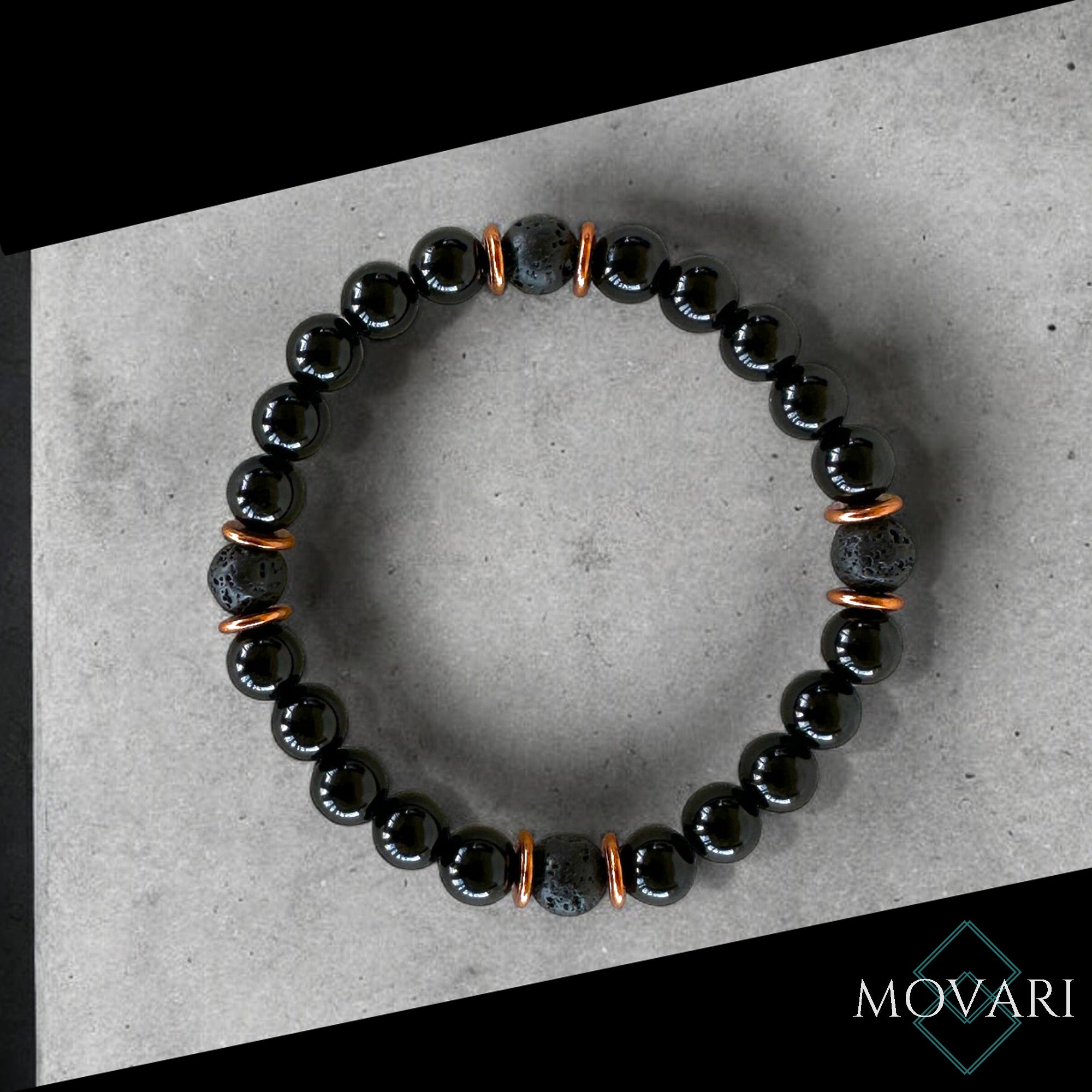 Obsidian Lava And Copper Bead Mens Bracelet