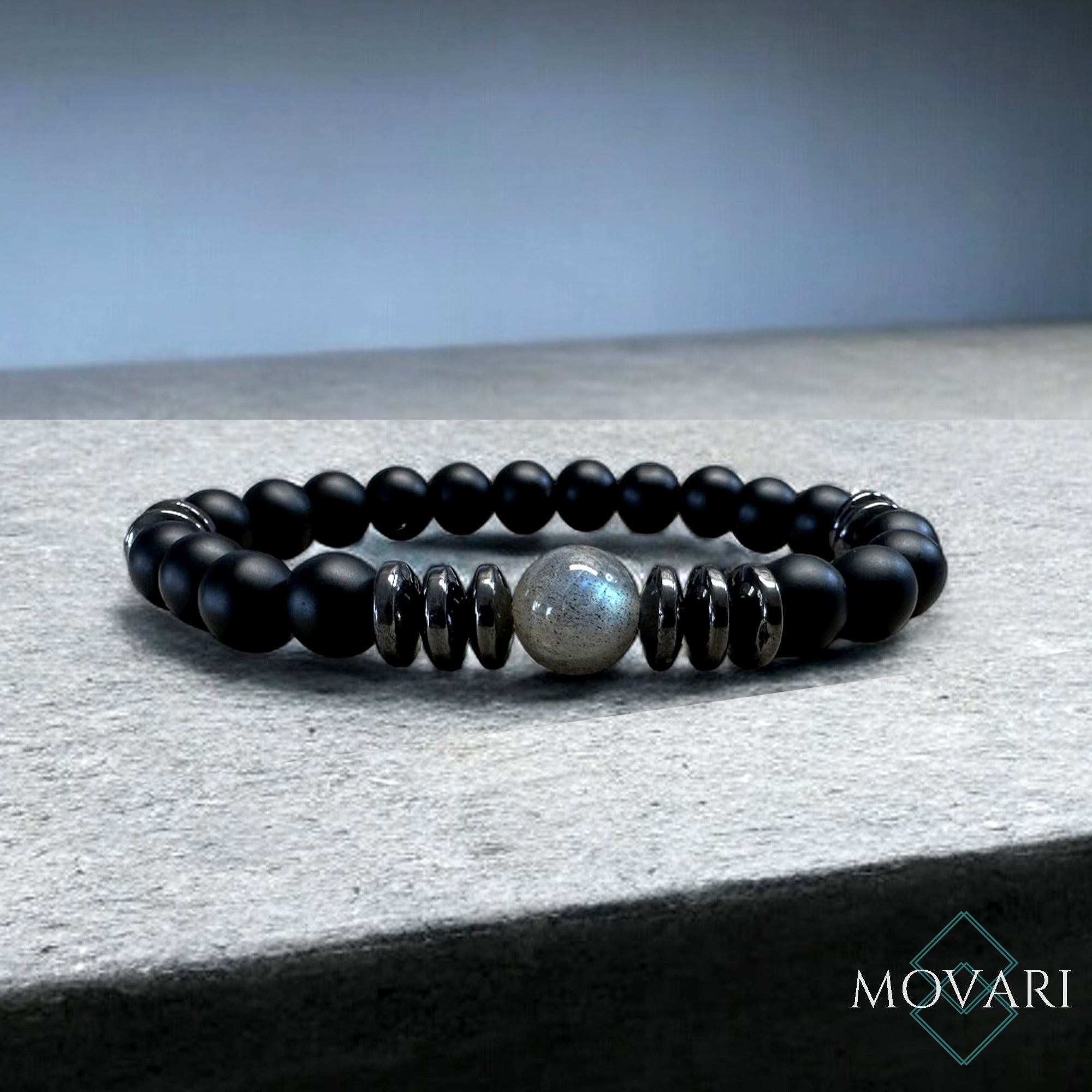 Labradorite, Matte Onyx and Hematite Men's Bead Bracelet