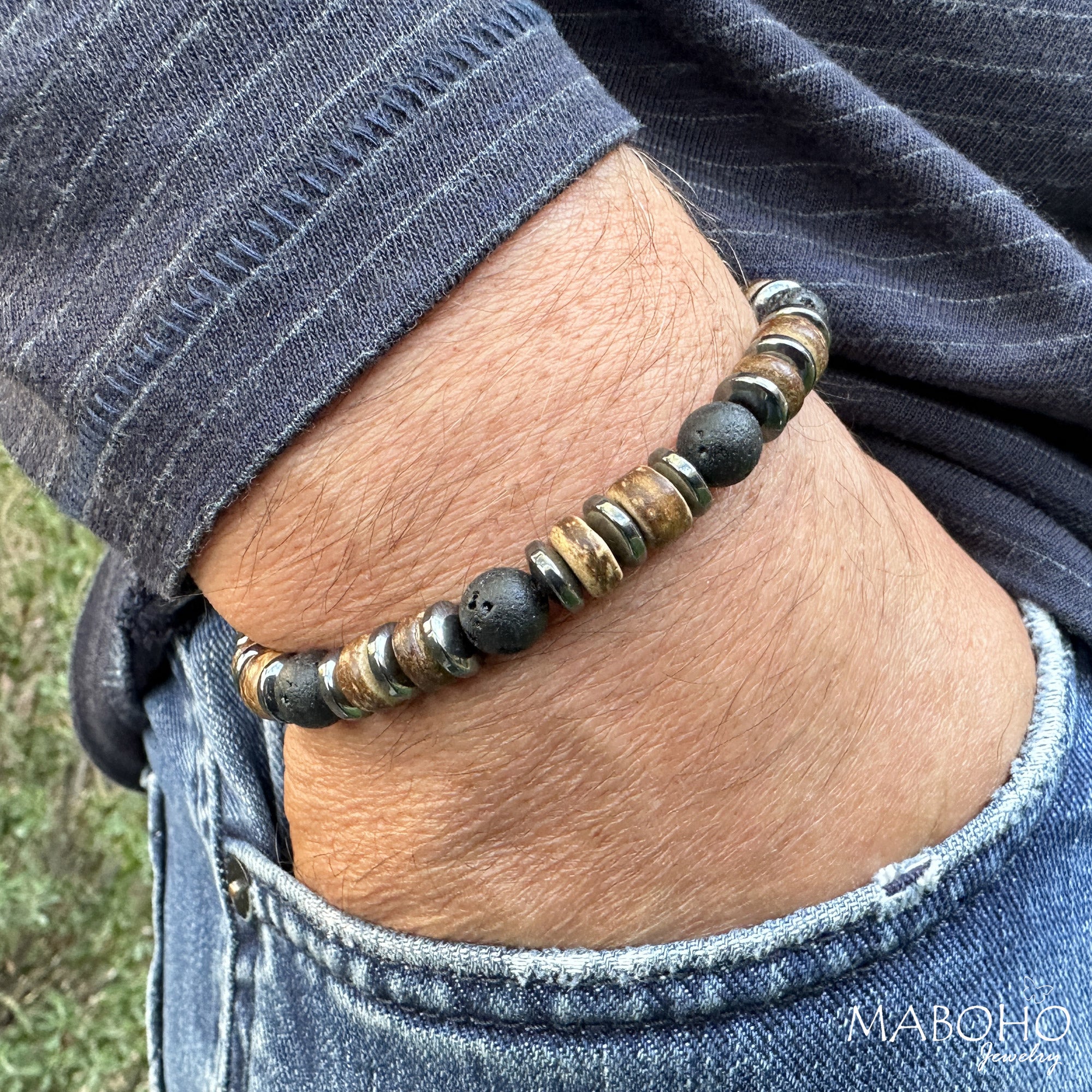 Men's Lava Wood & Hematite Bracelet 