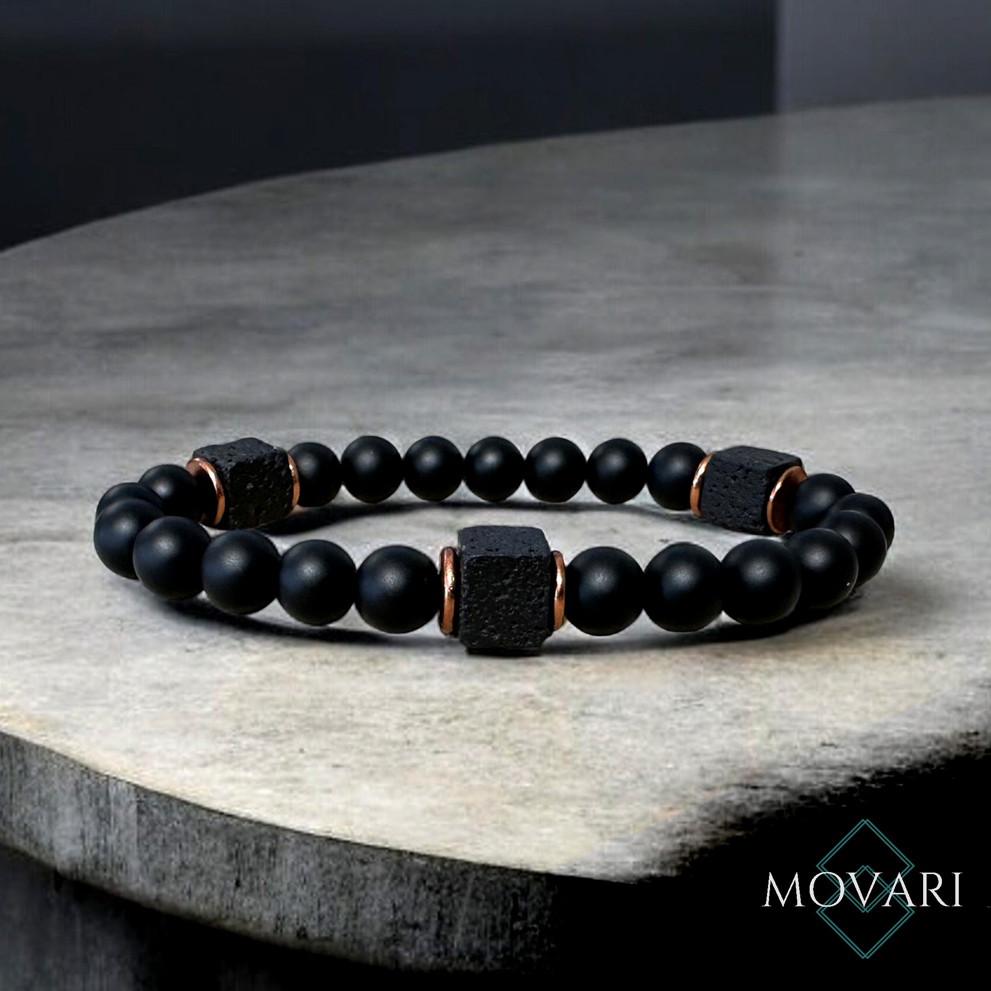 Matte Onyx 3 Lava Cubes Bead Stretch Bracelet For Men