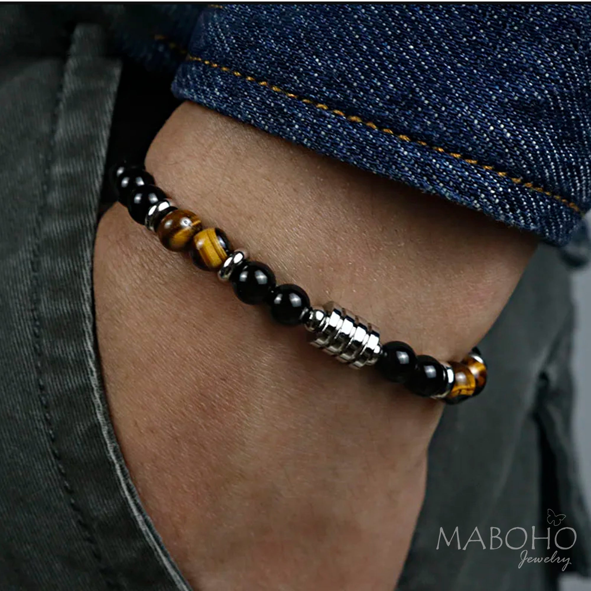 Men's Tigers Eye & Onyx Bracelet Gift For Him