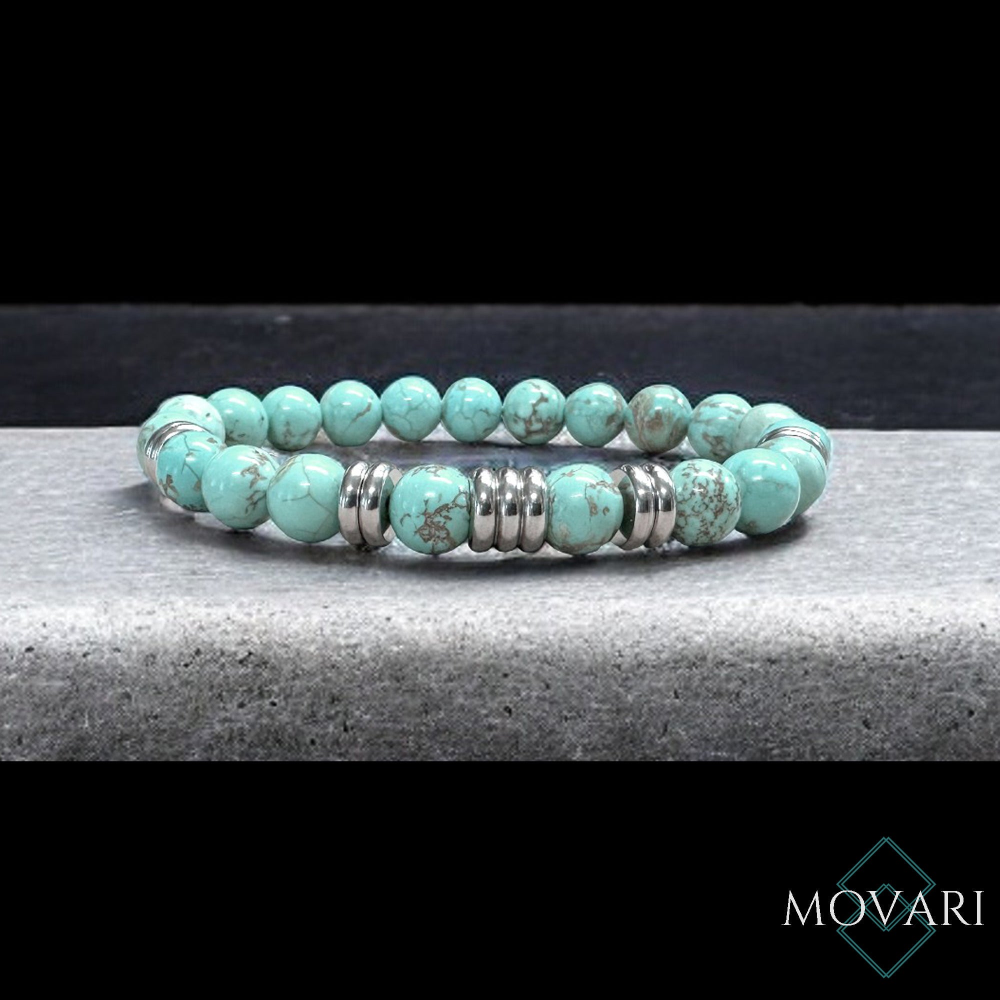 Turquoise And Stainless Steel 8mm Bead Stretch Bracelet