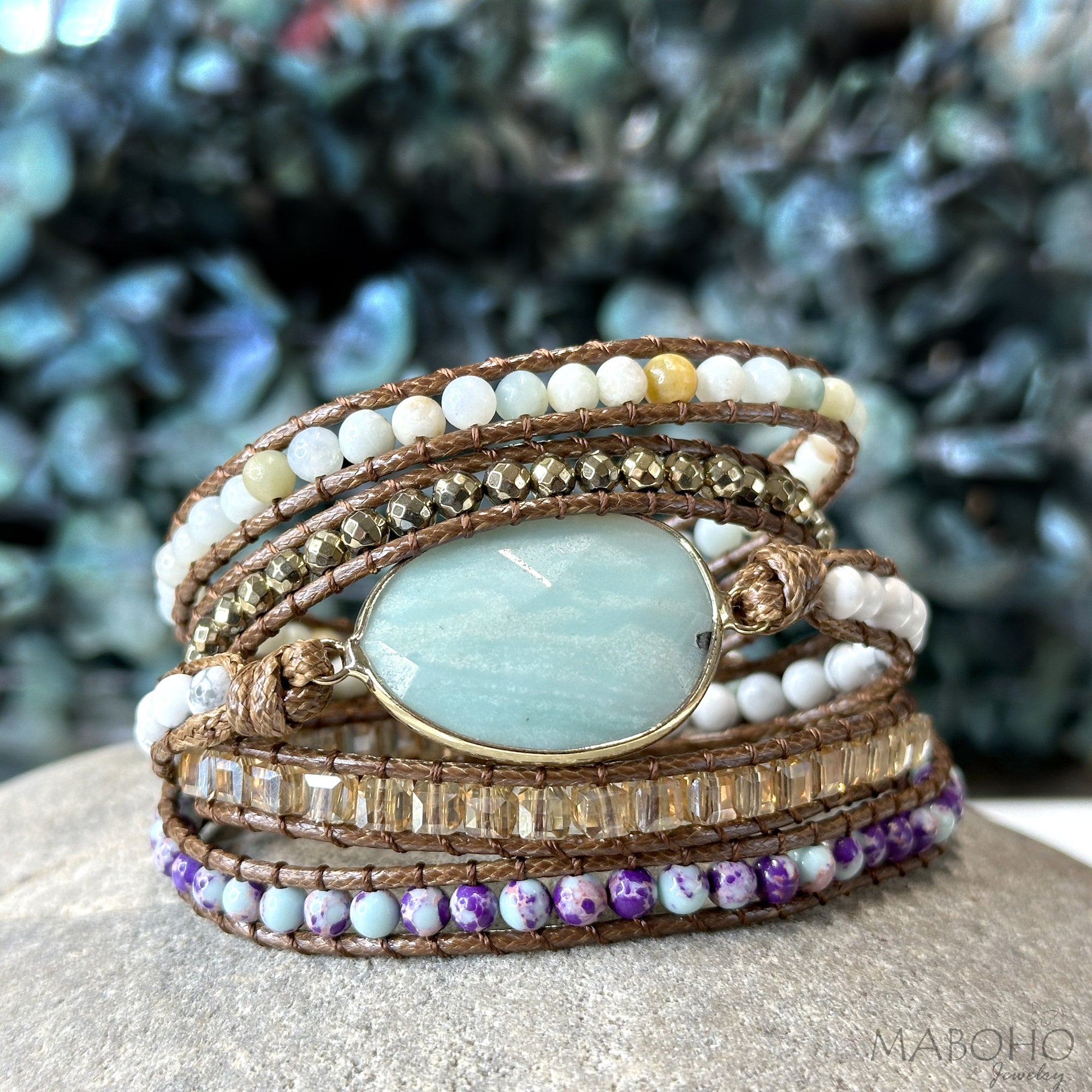 amazonite vegan leather bohemian bracelet