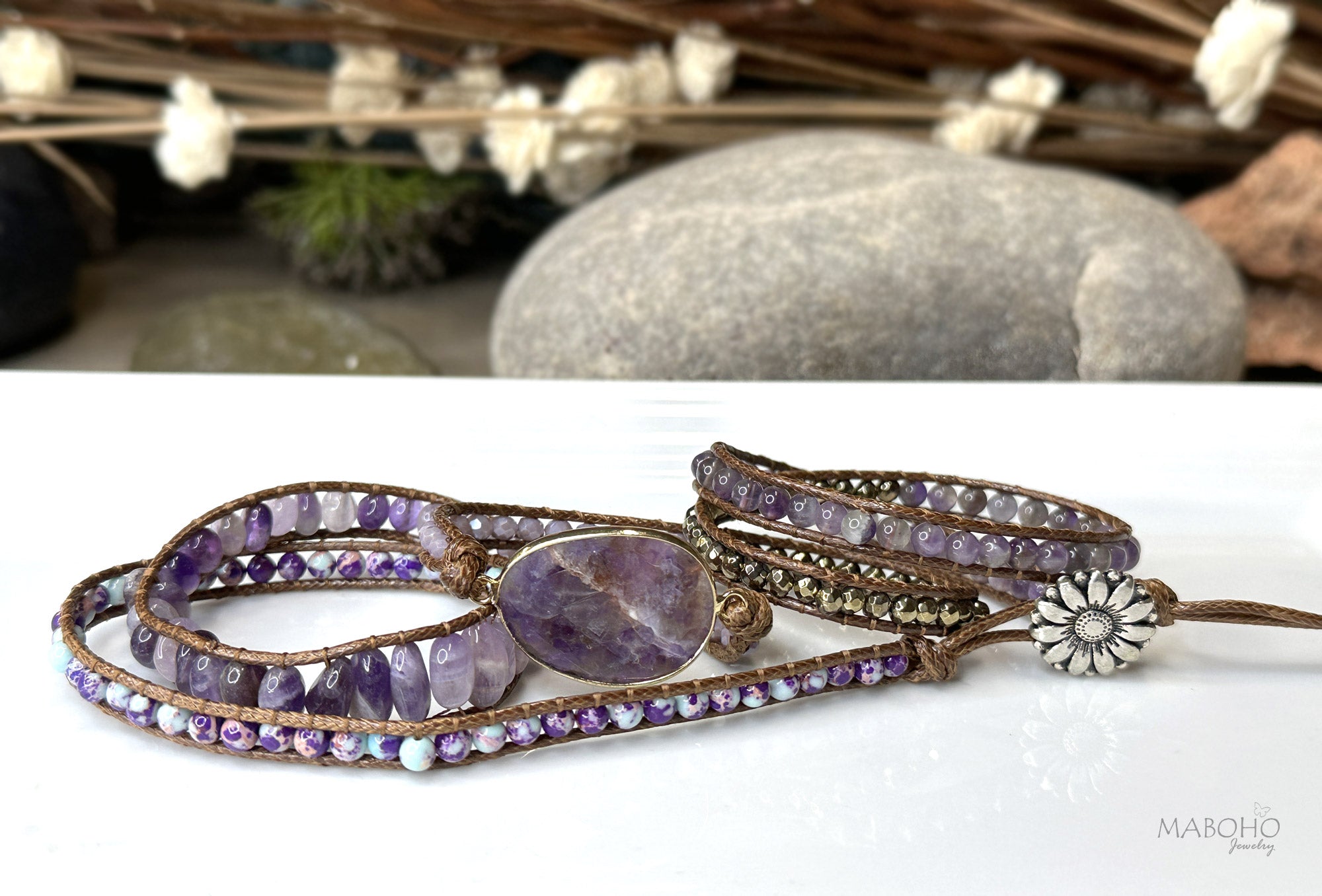 amethyst 5 wrap boho bracelet