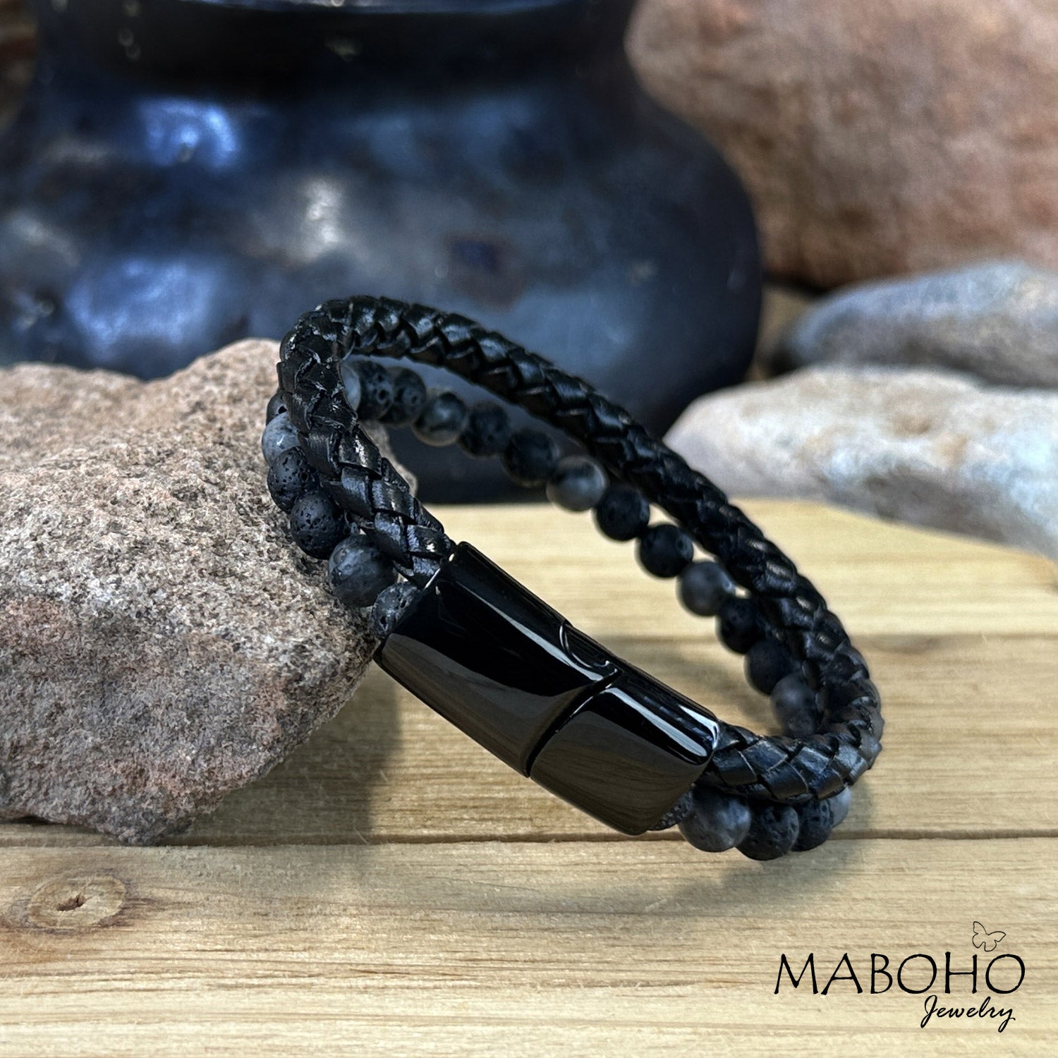 larvikite and lave leather bracelet