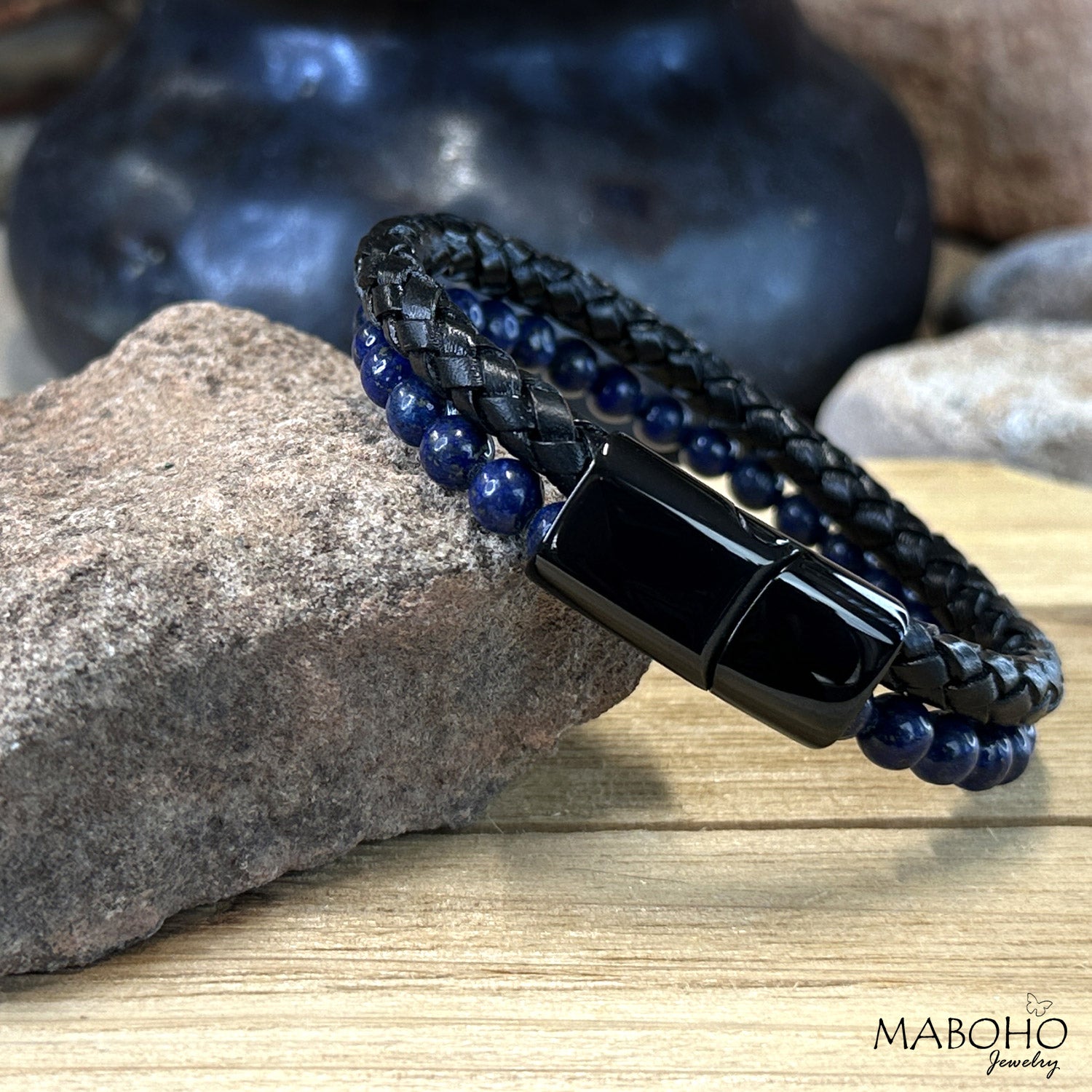 lapis lazuli and leather bracelet