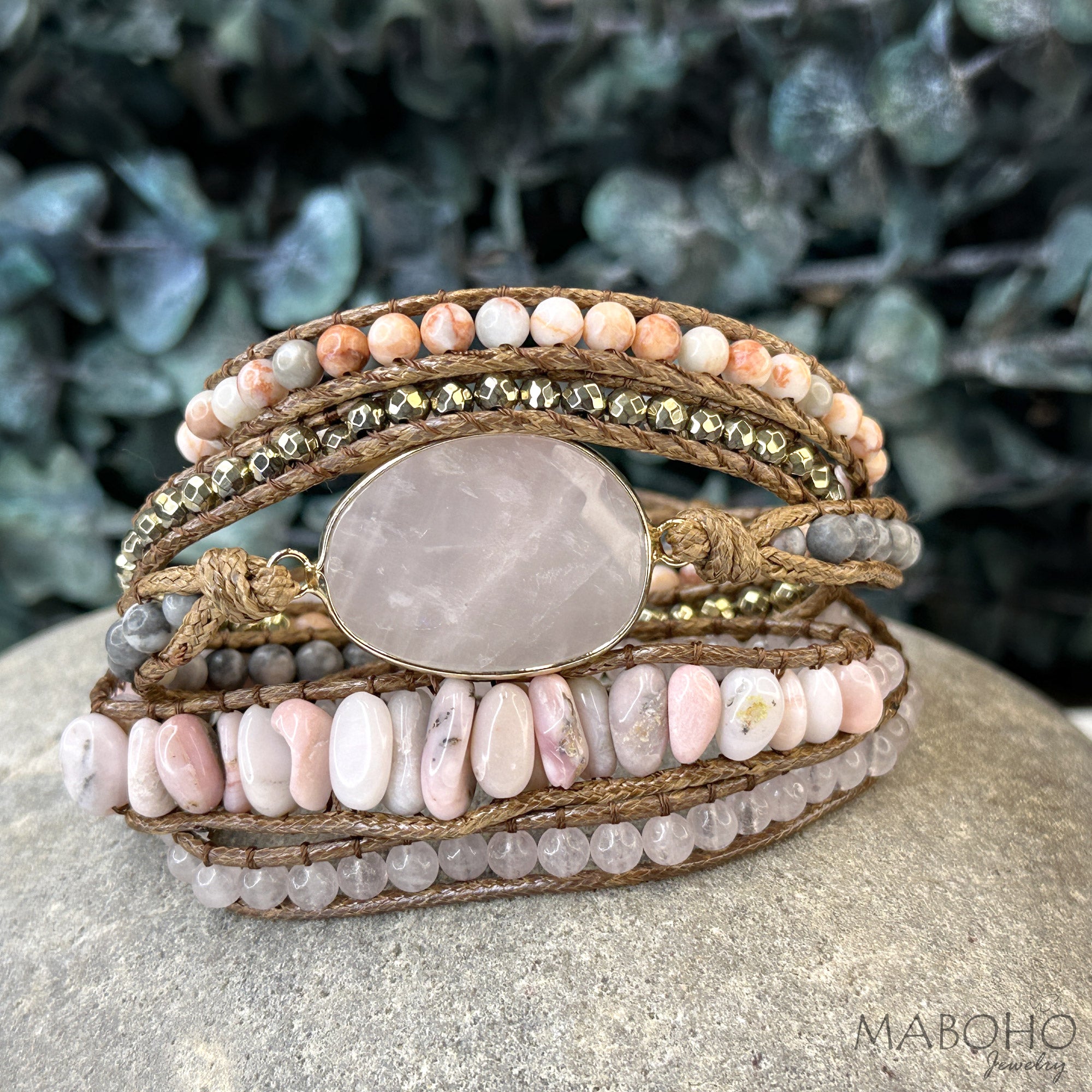 Bohemian 2024 Wrap-sody 5 Wrap Bracelet, Rose Quartz, Rudraksha