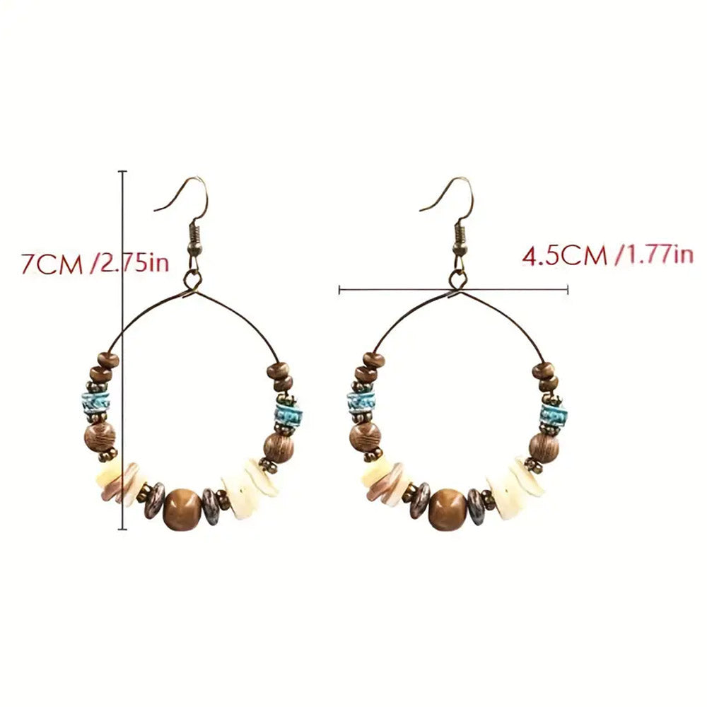 Wooden beaded hoop earrings outlet Boho round beaded hoop earrings Round pendant earrin